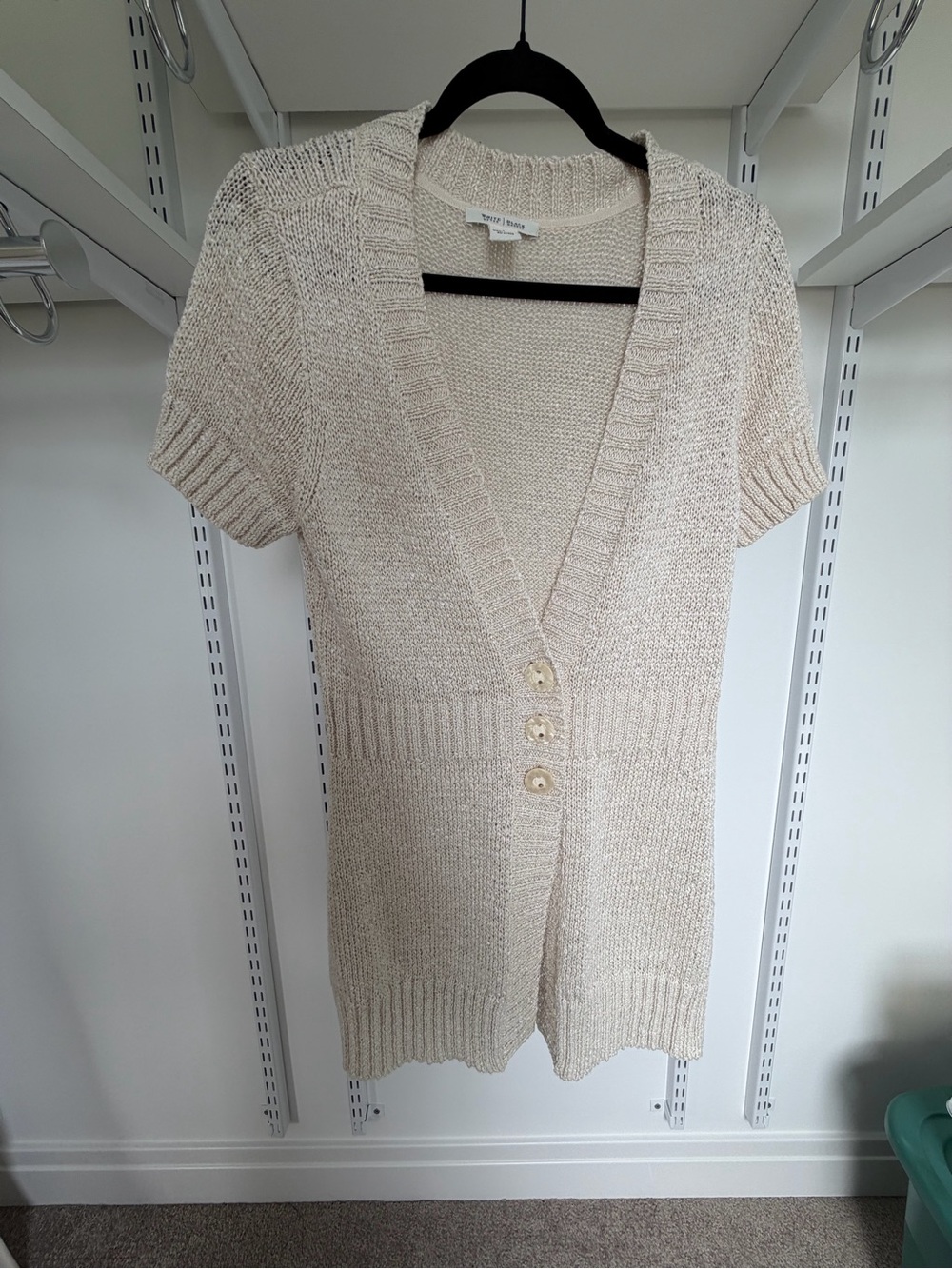 White House Black Market Cream Short-Sleeve V-Neck Button Cardigan